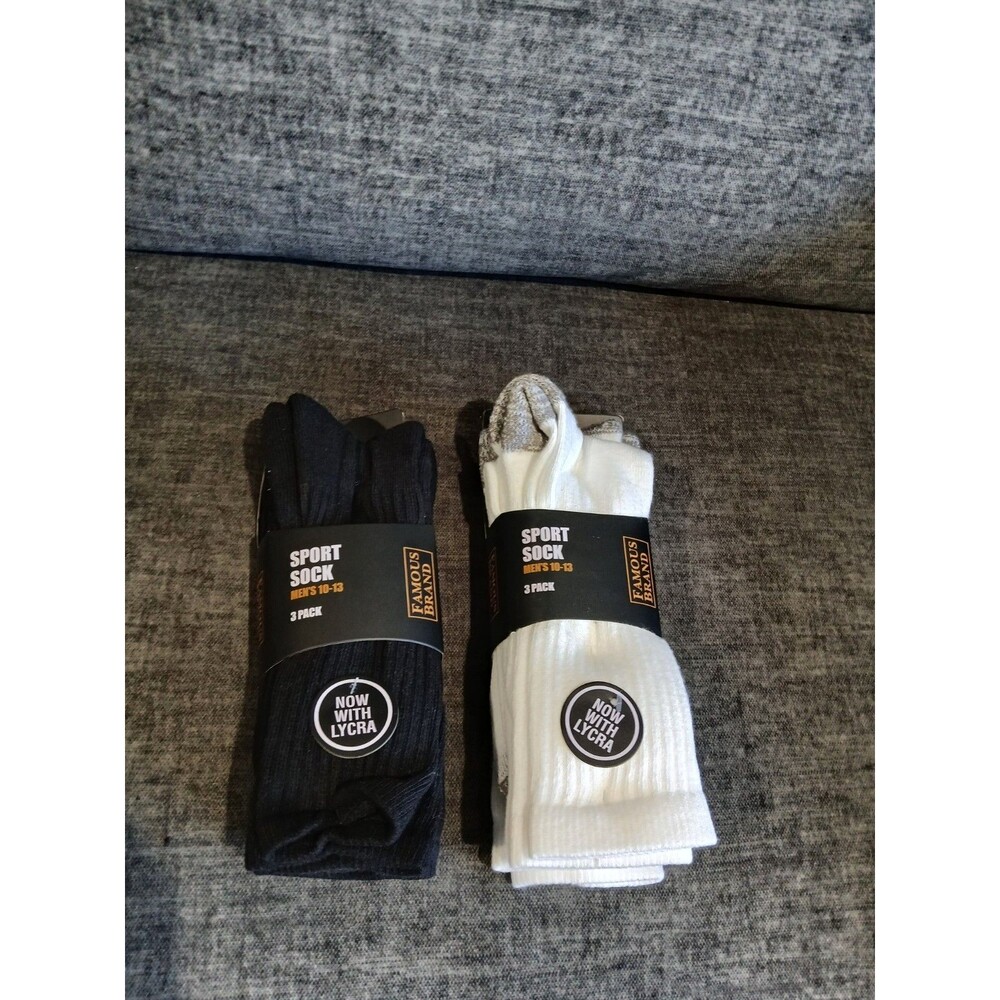 Famous Brand Thick Sport Socks. Men Size 10-13. Two 3 Packs. White/Grey & Black.